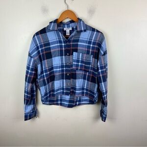 Just Polly NY Blue Plaid Crop Button Down Top Shirt Colorful Casual Small‎